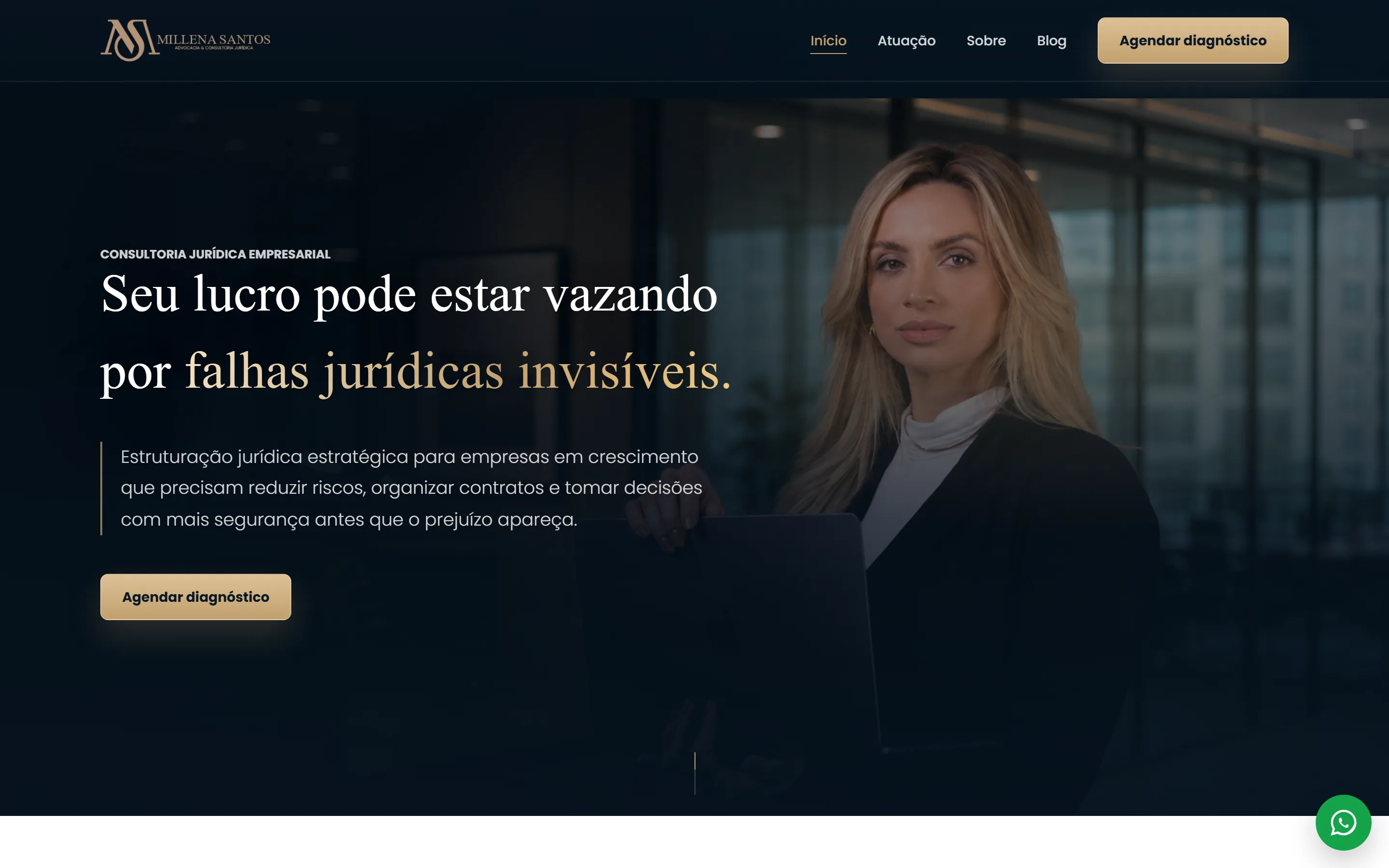 Millena Santos — site desenvolvido por Rafael Paulino (versão desktop)